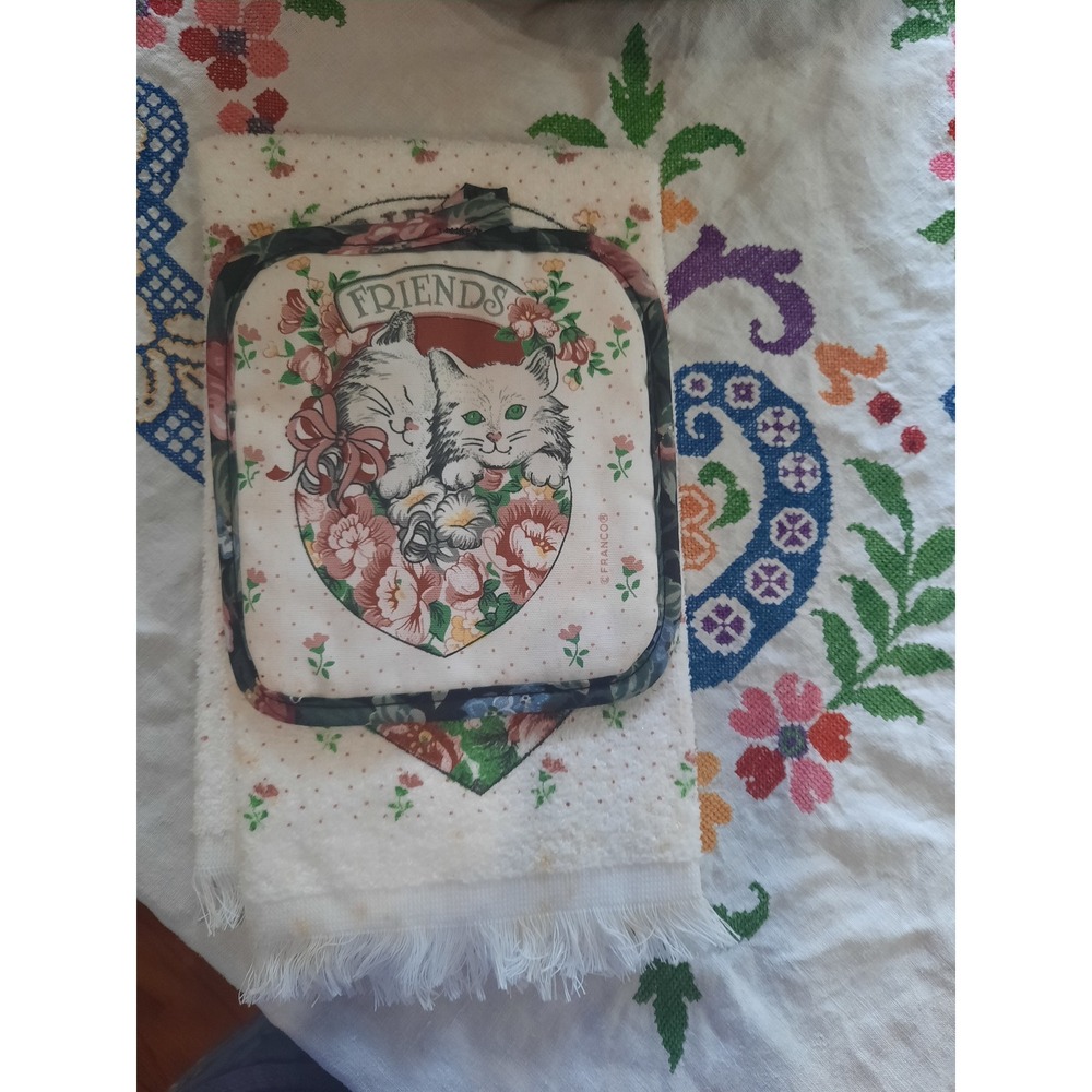 Vintage Franco Friends Cat Kitten Kitchen Towel and Pot Holder Set Floral 2pc